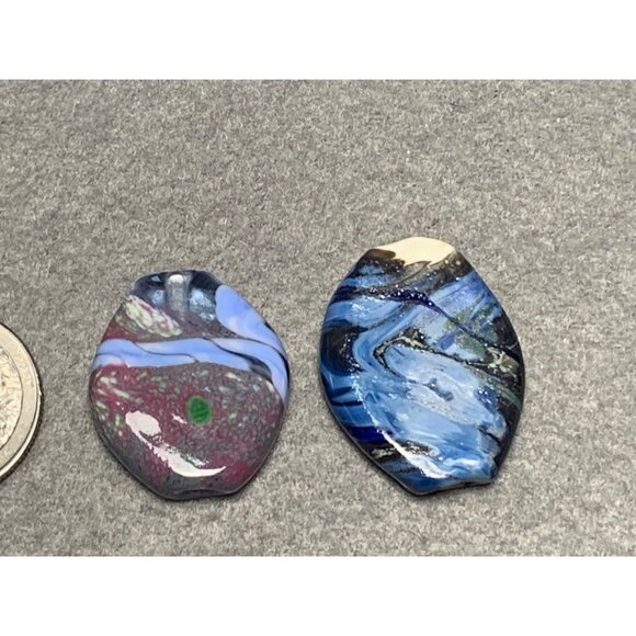 Handmade Abstract Lampwork Glass Beads Set of 2 Unique Blue & Multicolor Design - Picture 3 of 6